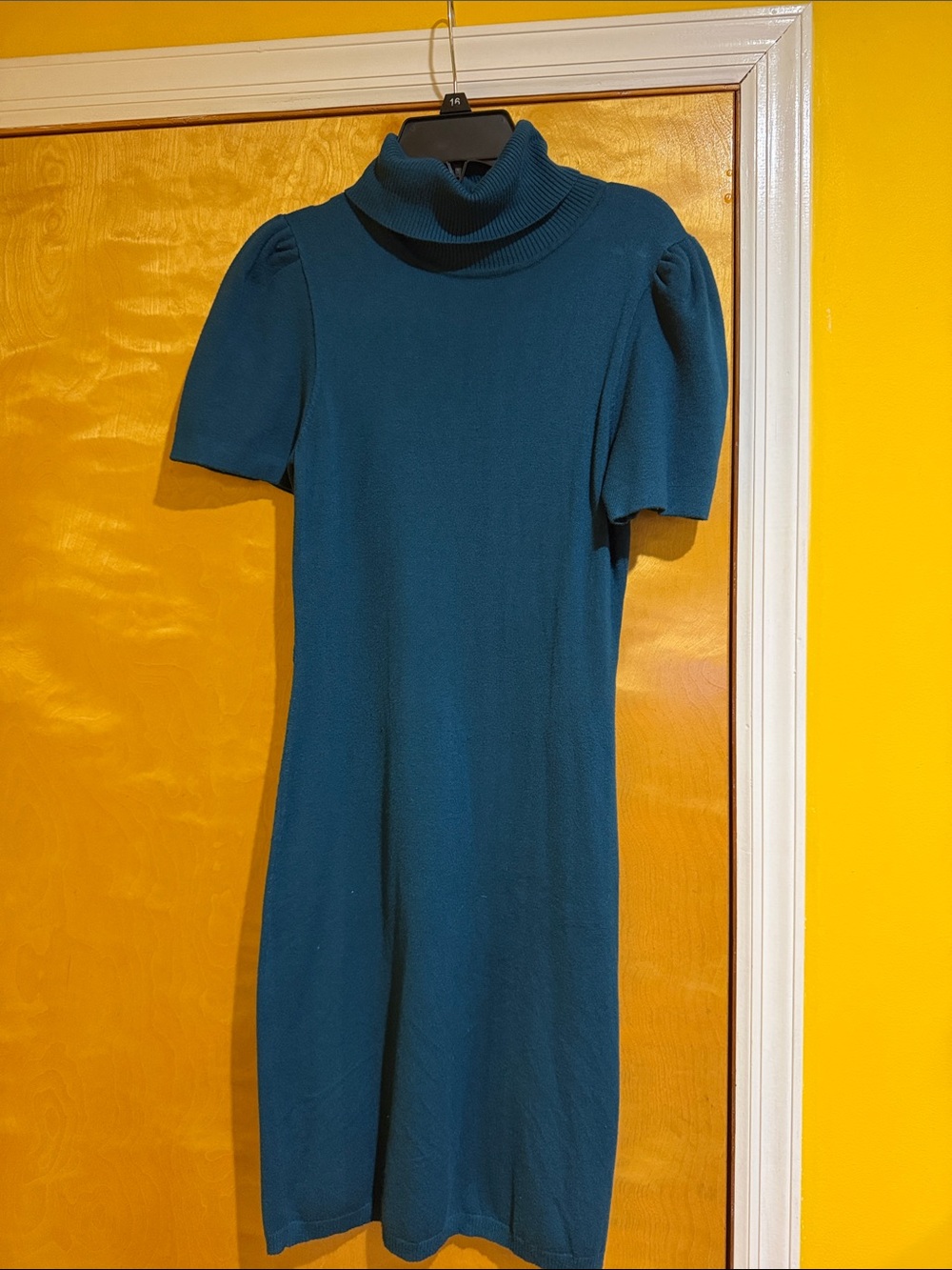 Express Teal Turtleneck Midi Dress with Puff Sleeves